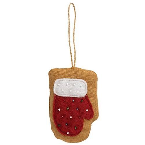 Front. BreeBe - *Beaded Mitten Fabric Ornament - Red, Brown.