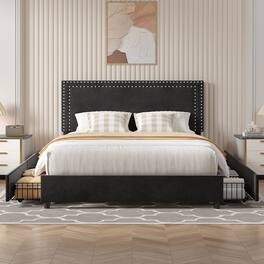 Vecelo - Velvet Upholstered Queen Bed Frame with 4 Storage Drawers, Adjustable Headboard, Rivet Trim, No Box Spring Needed - Black