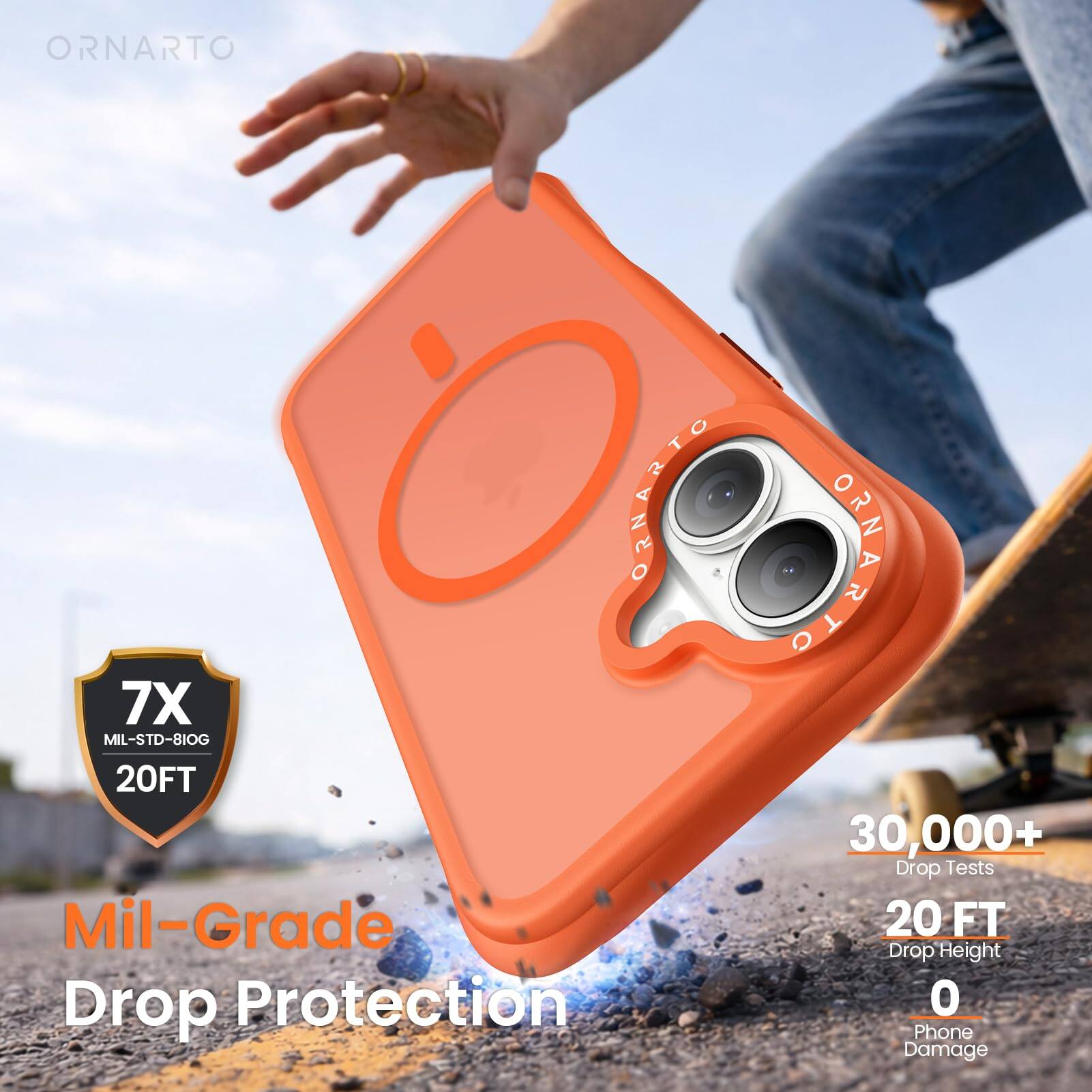 ORNARTO  
ORNARTO  
7X MIL-STD-810G 20FT  
Mil-Grade Drop Protection  
30,000+ Drop Tests  
20 FT Drop Height  
0 Phone Damage
