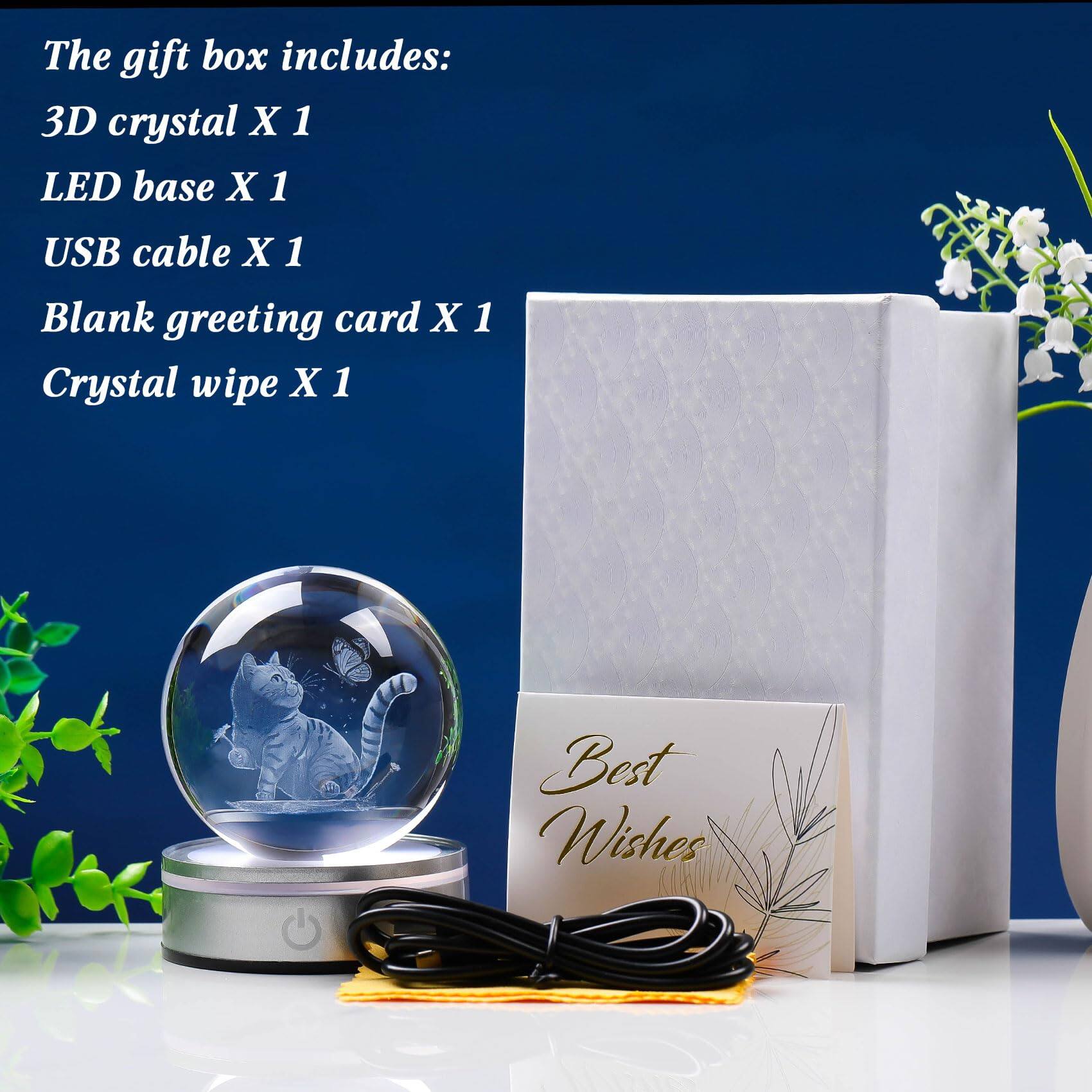 The gift box includes:
- 3D crystal X 1
- LED base X 1
- USB cable X 1
- Blank greeting card X 1
- Crystal wipe X 1

Best Wishes