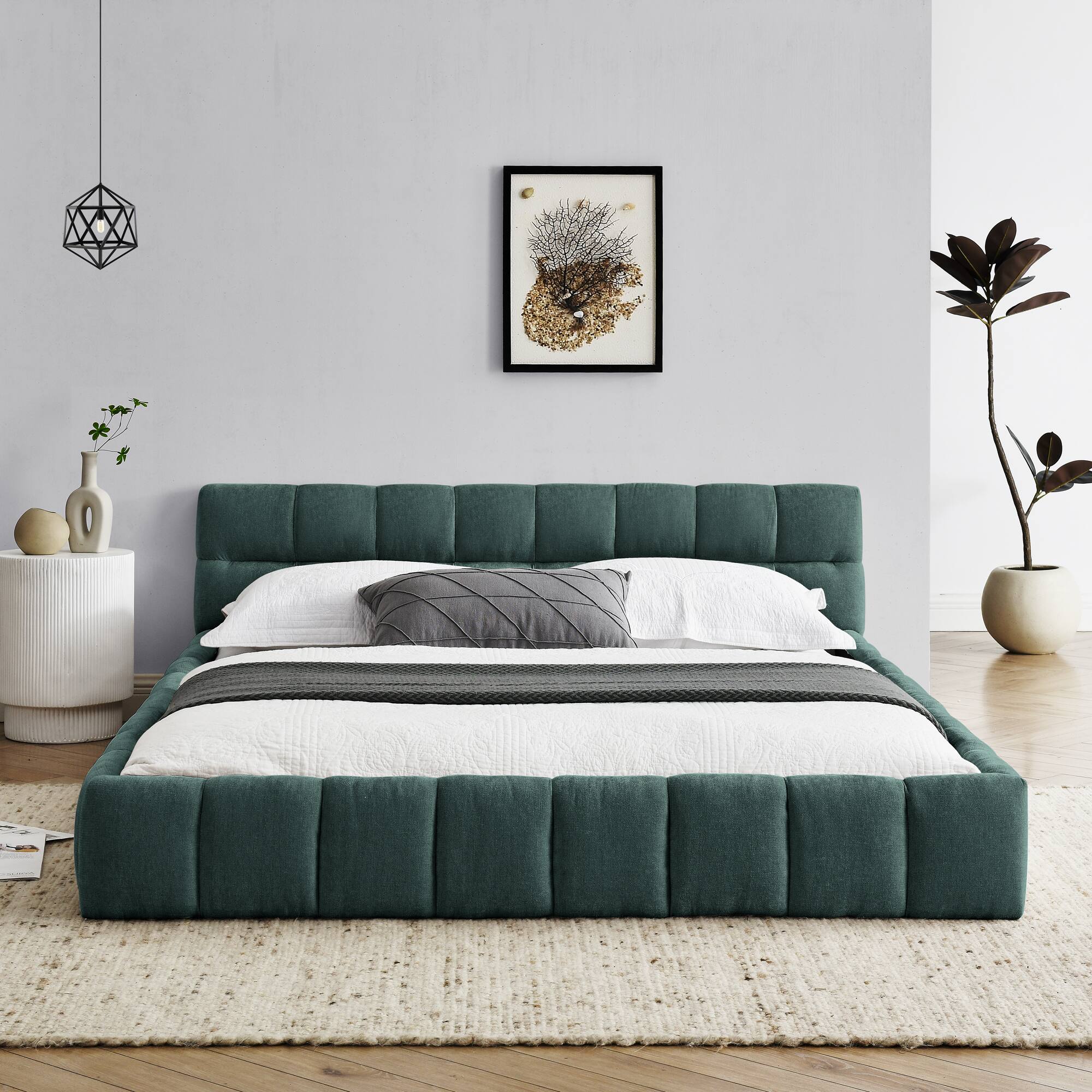 Left. Anysun - Queen Chenille Platform Bed Frame with Headboard - Thick Fabric, Solid Frame, No Box Spring Needed - Green.