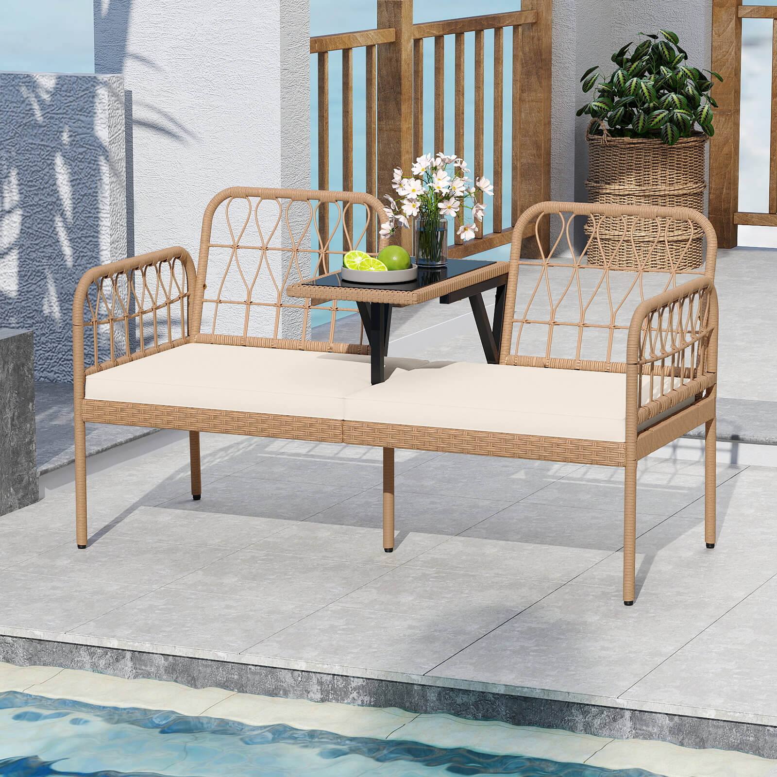 Alt View 4. Costway - Costway PE Rattan Outdoor Loveseat with Built-in Coffee Table & Soft Cushions for Lawn - Off White.