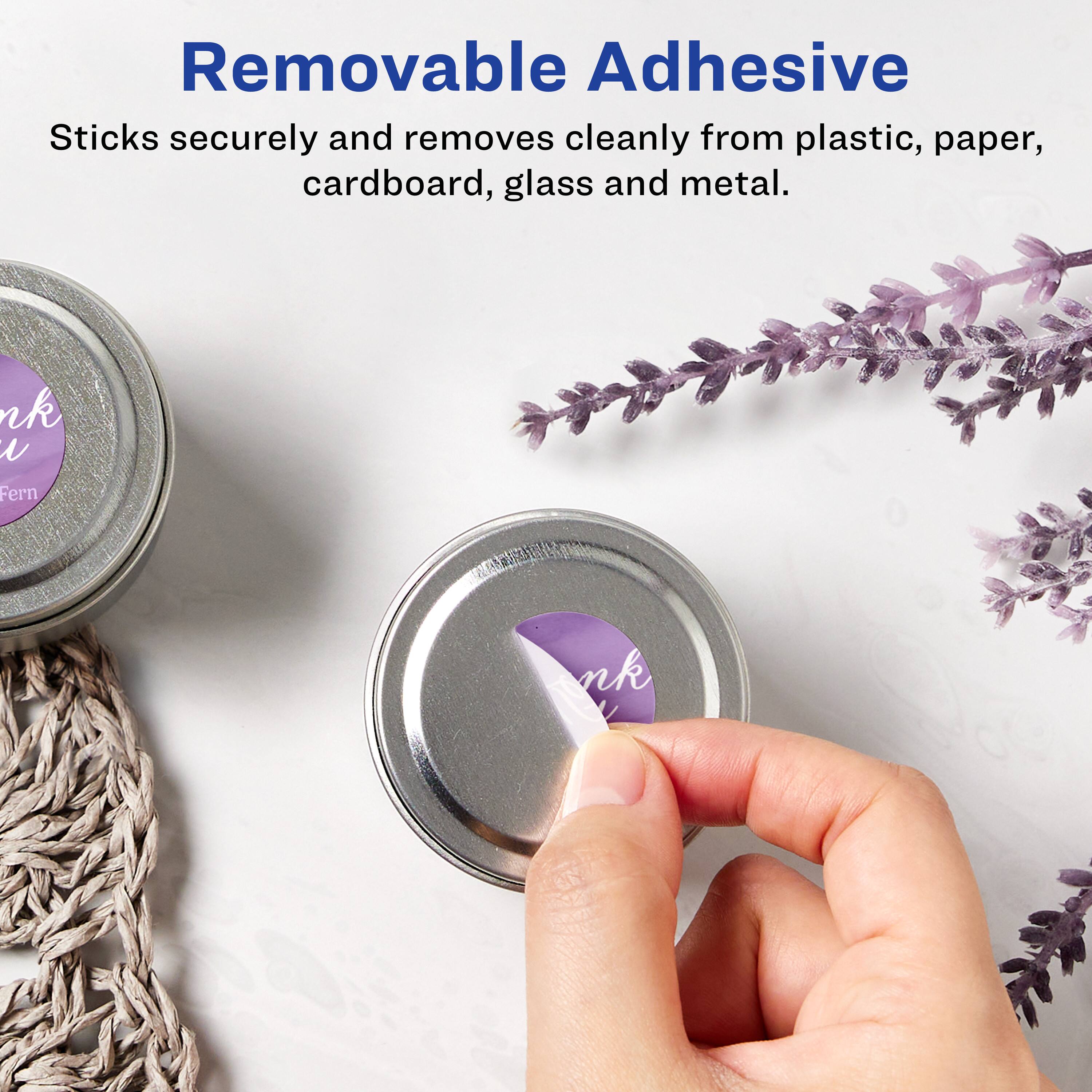 Removable Adhesive  
Sticks securely and removes cleanly from plastic, paper, cardboard, glass and metal.