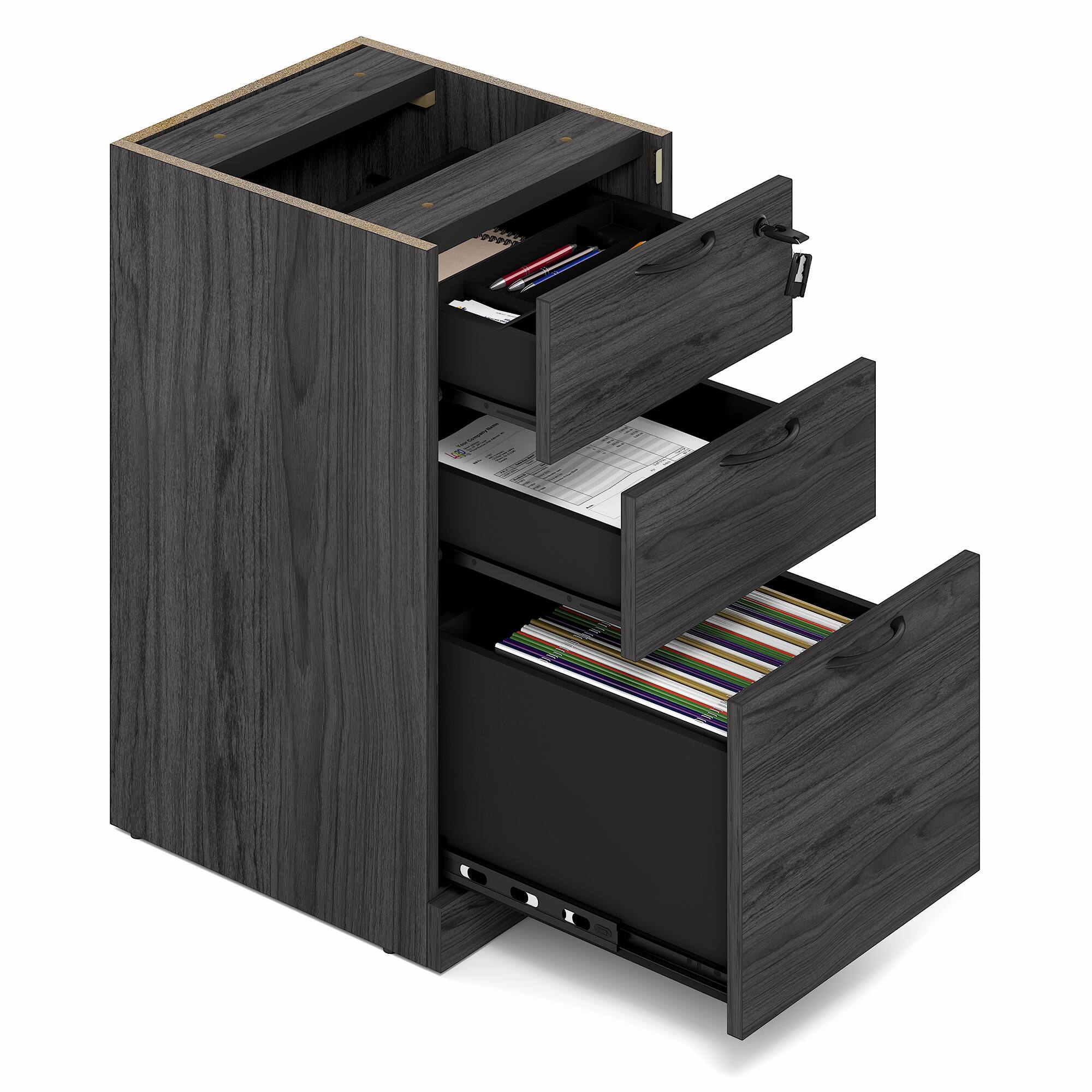 Alt View 2. Furinno - ROGER File Cabinet, 3-Drawer Pedestal Filing Cabinet with Lock and Drawer Organizer, for Home Office - Coastal Grey.