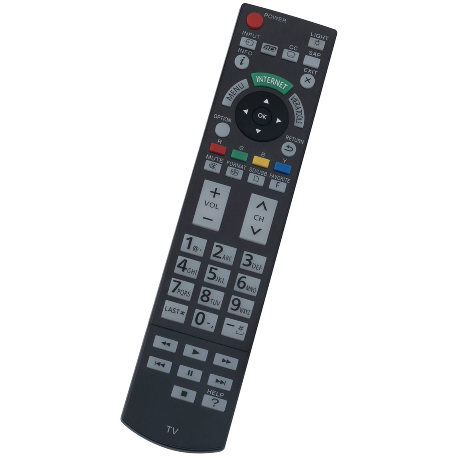 Sure, here is the corrected and grouped text from the image:

**Top Section:**
- POWER
- INPUT
- INFO
- CC
- SAP
- EXIT
- INTERNET
- MENU
- OK
- VERATOOLS
- RETURN
- G
- MUTE
- Y
- FORMAT
- S6
- SO/USB
- FAVORITE
- F
- VOL
- CH
- 1 @
- 2 ABC
- 3 DEF
- 4 GHI
- 5 IJKL
- 6 MNO
- 7 PQRS
- 8 TUV
- 9 WXYZ
- 0
- I -
- # |
- | " |
- 44
- HELP
- TV

**Bottom Section:**
- TV