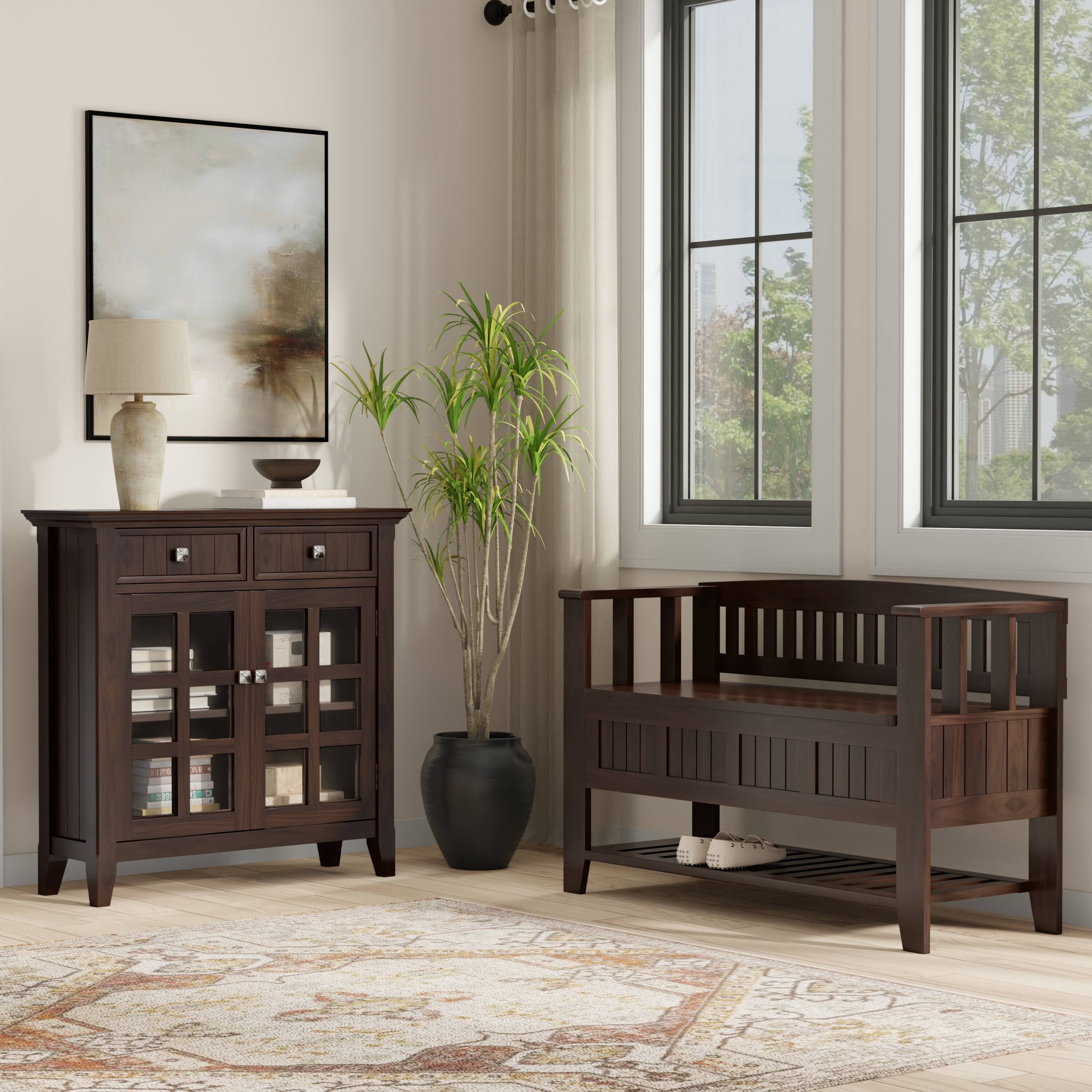 Angle. Simpli Home - Acadian Solid Wood 48 inch Wide Storage Bench with Shelf and 36 inch Wide Storage Cabinet in Brunette Brown - Brunette Brown.