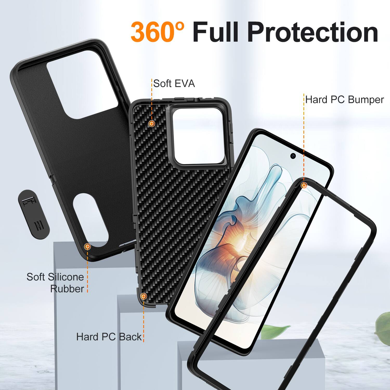 360° Full Protection

- Soft EVA
- Hard PC Bumper
- Soft Silicone Rubber
- Hard PC Back