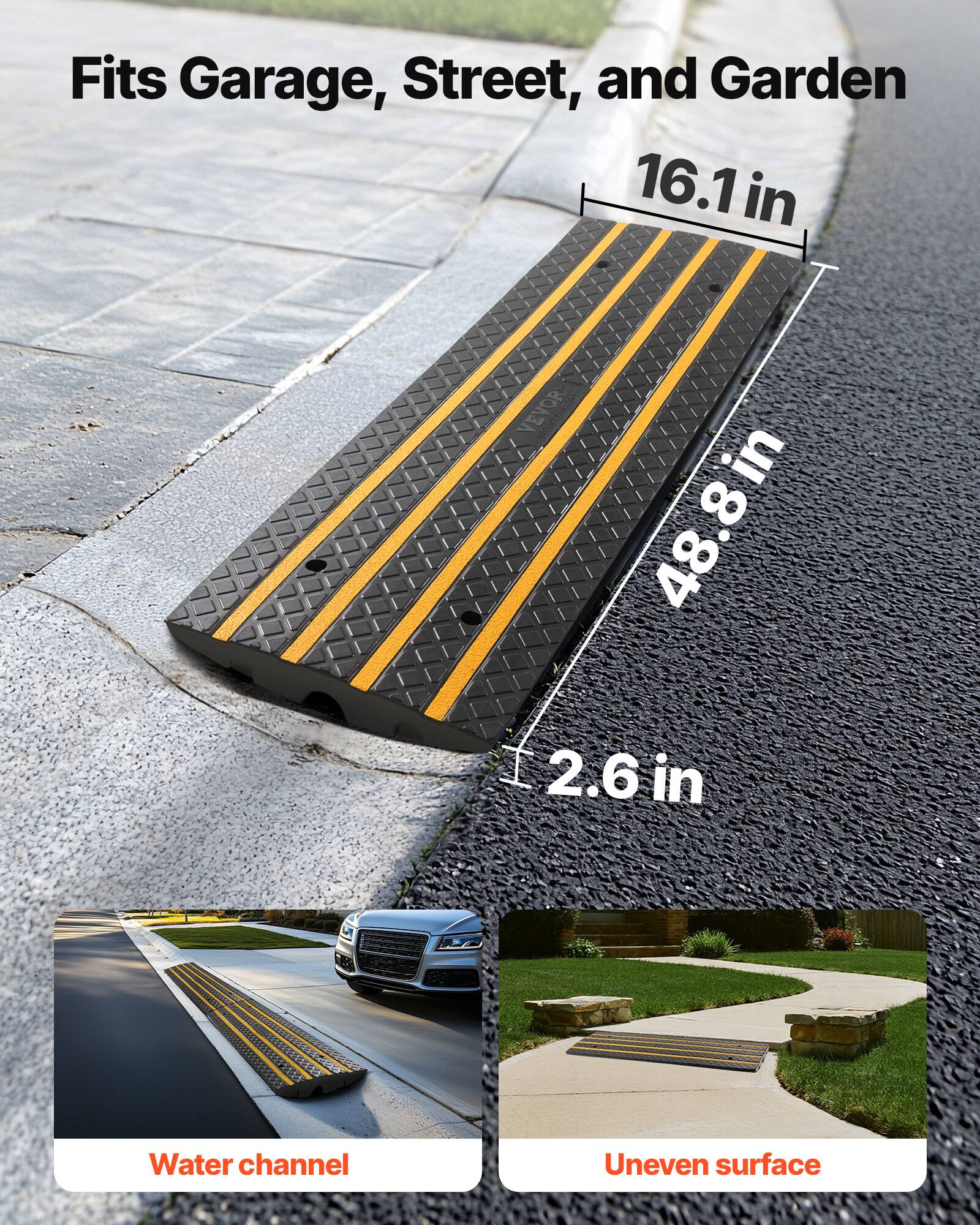 Fits Garage, Street, and Garden

16.1 in

48.8 in

2.6 in

Water channel

Uneven surface
