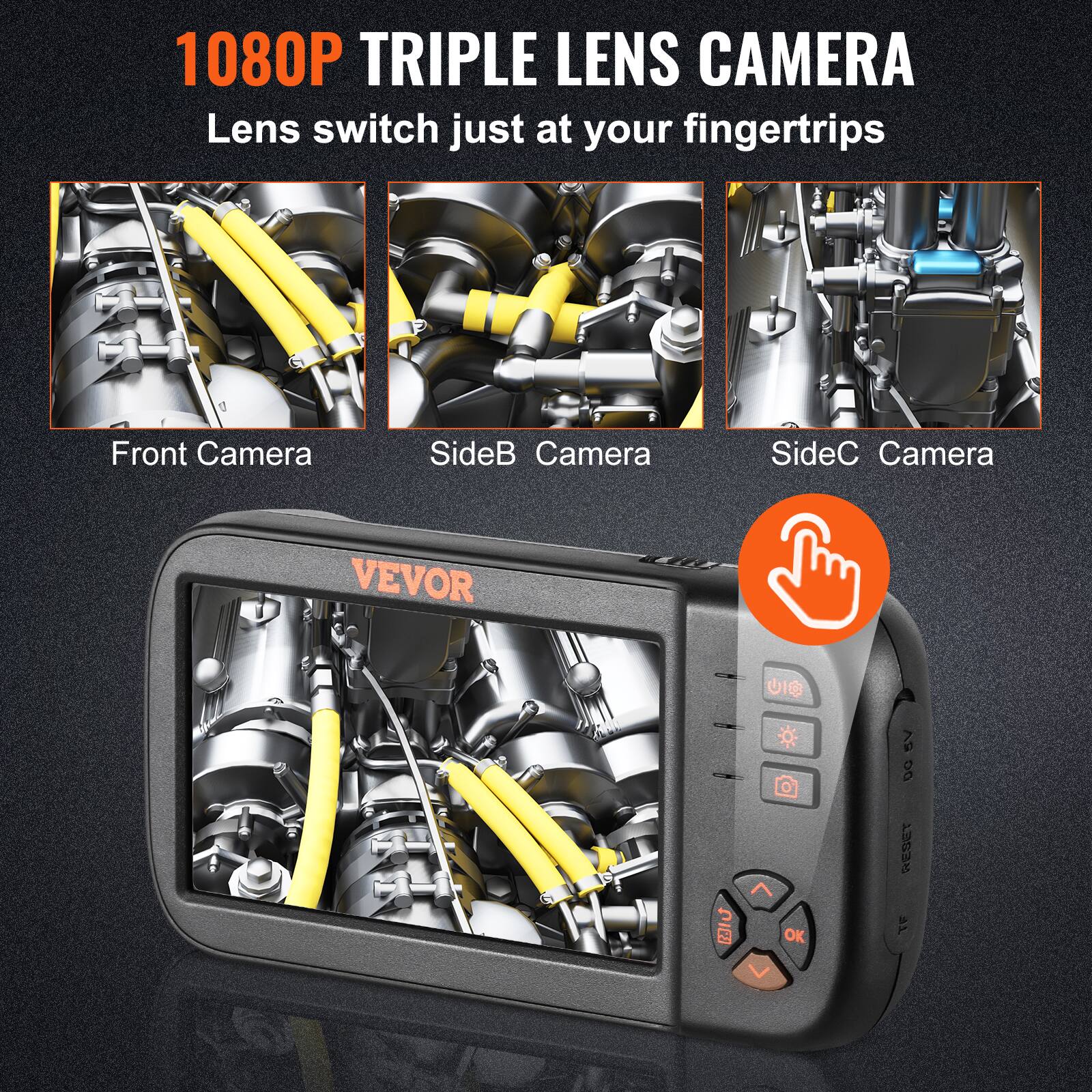 1080P TRIPLE LENS CAMERA  
Lens switch just at your fingertips  

Front Camera  
SideB Camera  
SideC Camera  

VEVOR U10  

OK  
REDUCT