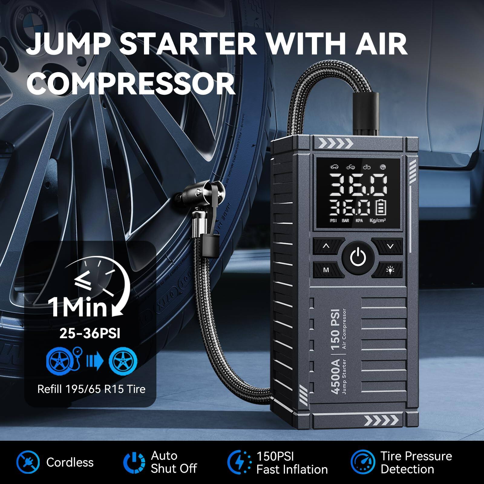 JUMP STARTER WITH AIR COMPRESSOR

- 1Min
- 25-36PSI
- Refill 195/65 R15 Tire

- Cordless
- Auto Shut Off
- 150PSI Fast Inflation
- Tire Pressure Detection

4500A 150PSI Jump Starter Air Compressor
