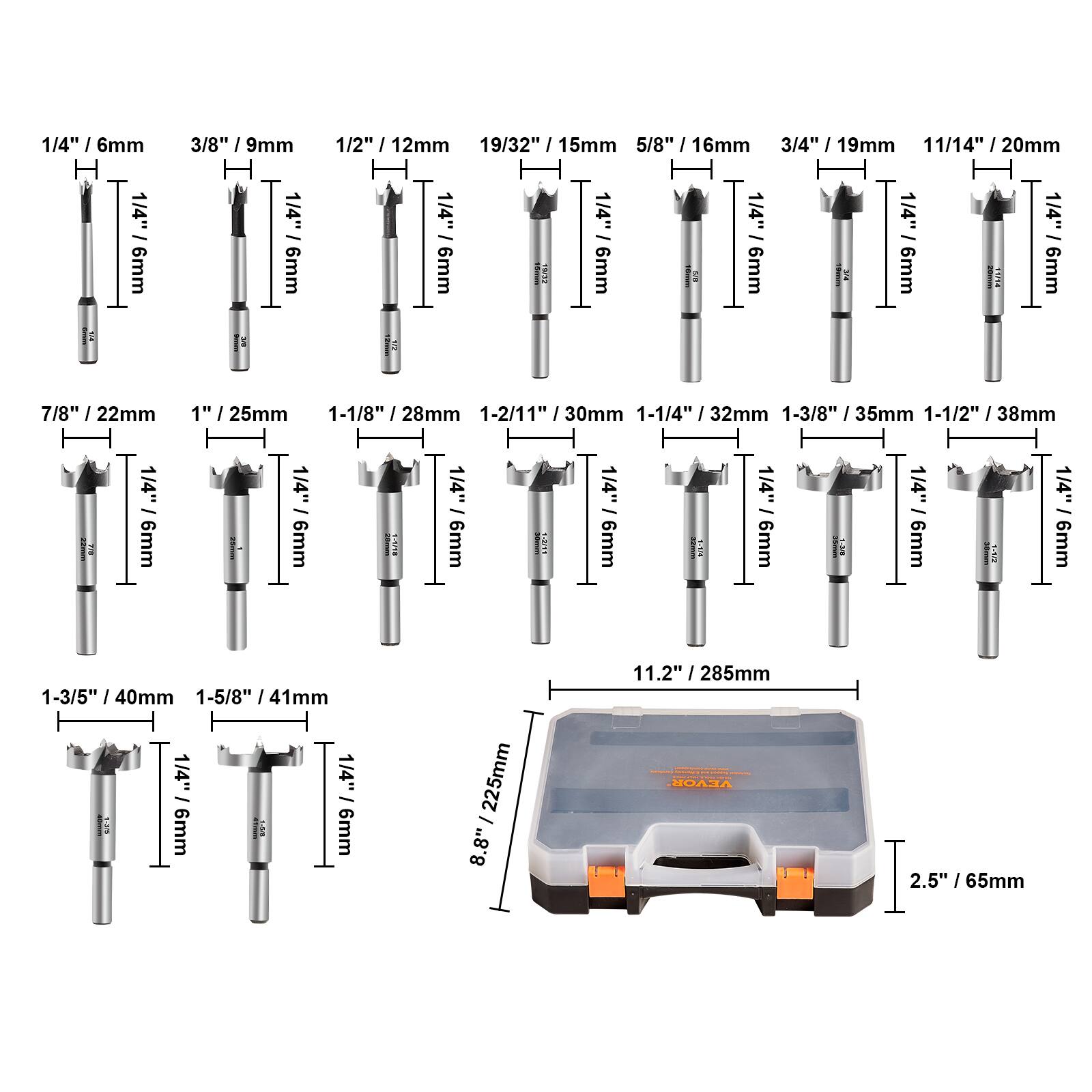 1/4" / 6mm  
3/8" / 9mm  
1/2" / 12mm  
19/32" / 15mm  
5/8" / 16mm  
3/4" / 19mm  
11/14" / 20mm  
7/8" / 22mm  
1" / 25mm  
1-1/8" / 28mm  
1-2/11" / 30mm  
1-1/4" / 32mm  
1-3/8" / 35mm  
1-1/2" / 38mm  
1-3/5" / 40mm  
1-5/8" / 41mm  
1-3/5" / 40mm  
1-5/8" / 41mm  
8" / 225mm  
11.2" / 285mm  
2.5" / 65mm