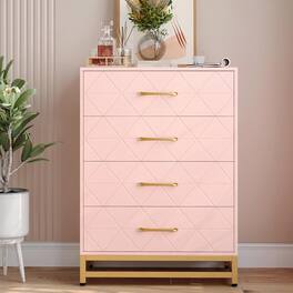 GARVEE - Small Dresser with Drawers,4 Drawer Dresser,Dresser for Bedroom,Chest of Drawers for Bedroom,Metal Handles and Legs - Pink