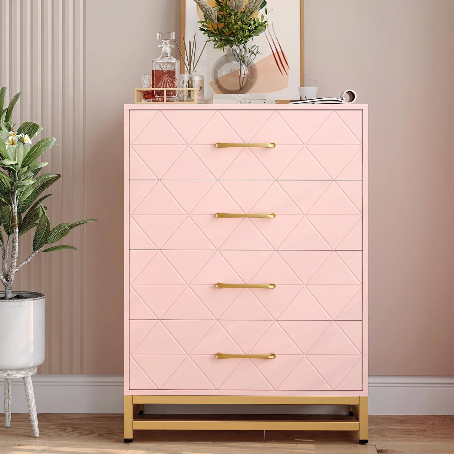 Angle. Qeetex - Small Dresser with Drawers,4 Drawer Dresser,Dresser for Bedroom,Chest of Drawers for Bedroom,Metal Handles and Legs - Pink.