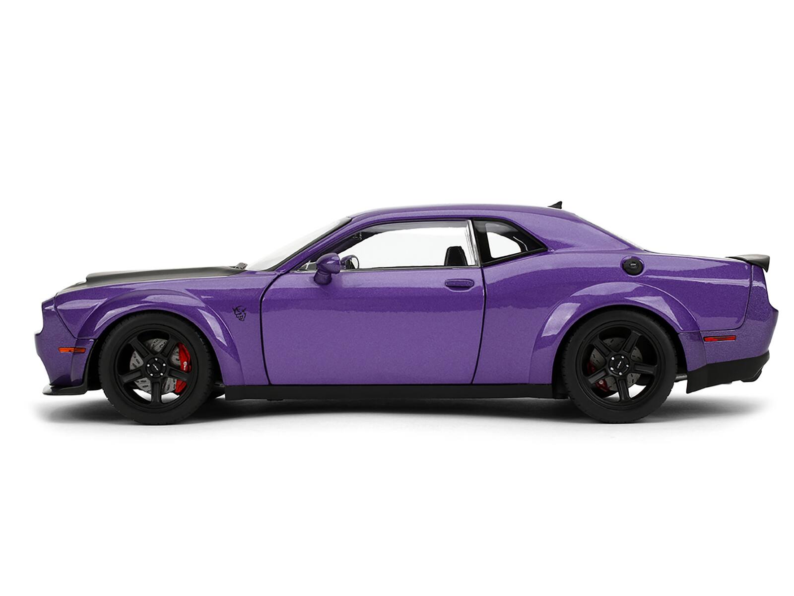 Left. Jada - Dodge Challenger SRT Demon Purple Metallic with Matt Black Hood "Pink Slips" Series 1/18 Diecast Model Car by Jada - Purple Metallic.