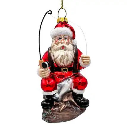 Front. OrnamentallyYou - Relaxing Santa Claus Fishing Ornament Hand Blown Glass Fisherman Gift Decor - Multi-colored.