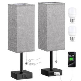 Earthley Blooms - Bedside Table Lamps For Bedroom Set Of Small Rectangular Nightstand Lamp With Ac Outlet Charging Port Col - Grey & Black 14.7In