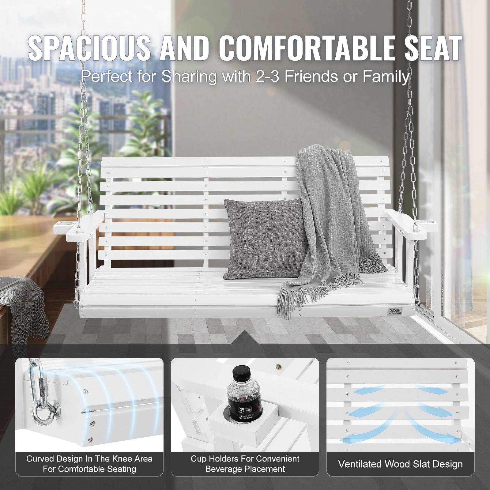 SPACIOUS AND COMFORTABLE SEAT
Perfect for Sharing with 2-3 Friends or Family

- Curved Design in the Knee Area for Comfortable Seating
- Cup Holders for Convenient Beverage Placement
- Ventilated Wood Slat Design