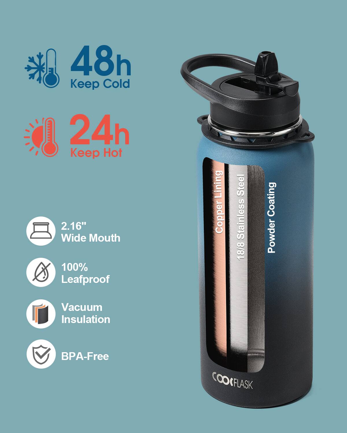 48h Keep Cold  
24h Keep Hot  
2.16" Wide Mouth  
100% Leafproof  
Copper Lining  
18/8 Stainless Steel  
Powder Coating  
Vacuum Insulation  
BPA-Free  
COOKFLASK