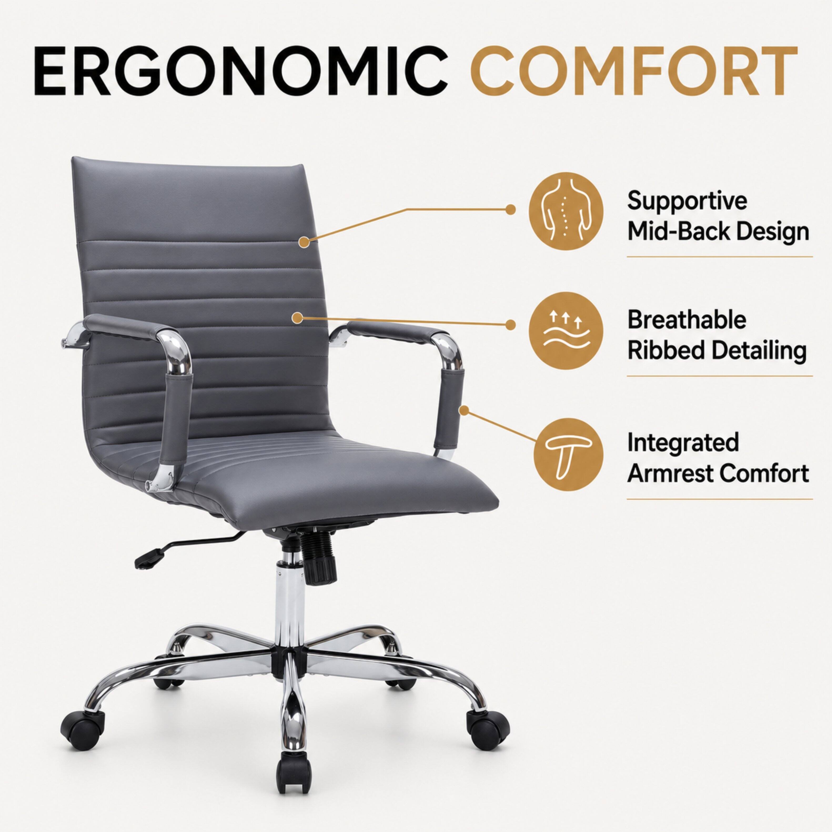 ERGONOMIC COMFORT

- Supportive Mid-Back Design
- Breathable Ribbed Detailing
- Integrated Armrest Comfort