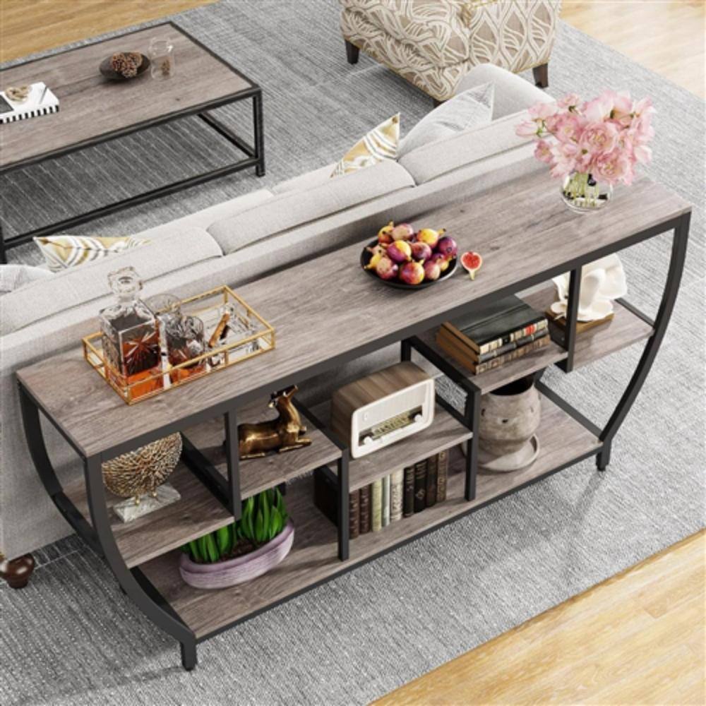 Left. Hivvago - Industrial Chic 70-inch Long Narrow Console Sofa Table with Gray Wood Shelves - Gray.