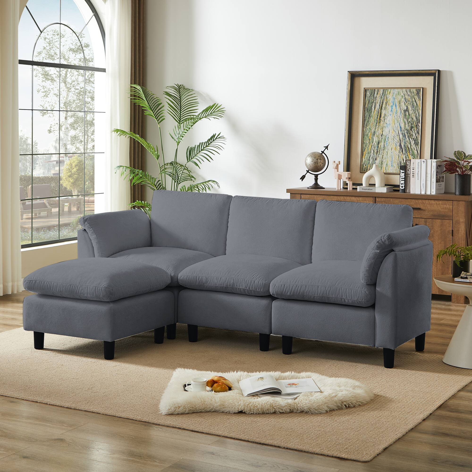 Angle. Electra Tech Xpress - Modern L-Shaped Chenille Upholstered Sectional Couch for Living Room, 3 Seater Cloud Sofa with Ottoman - GRAY.