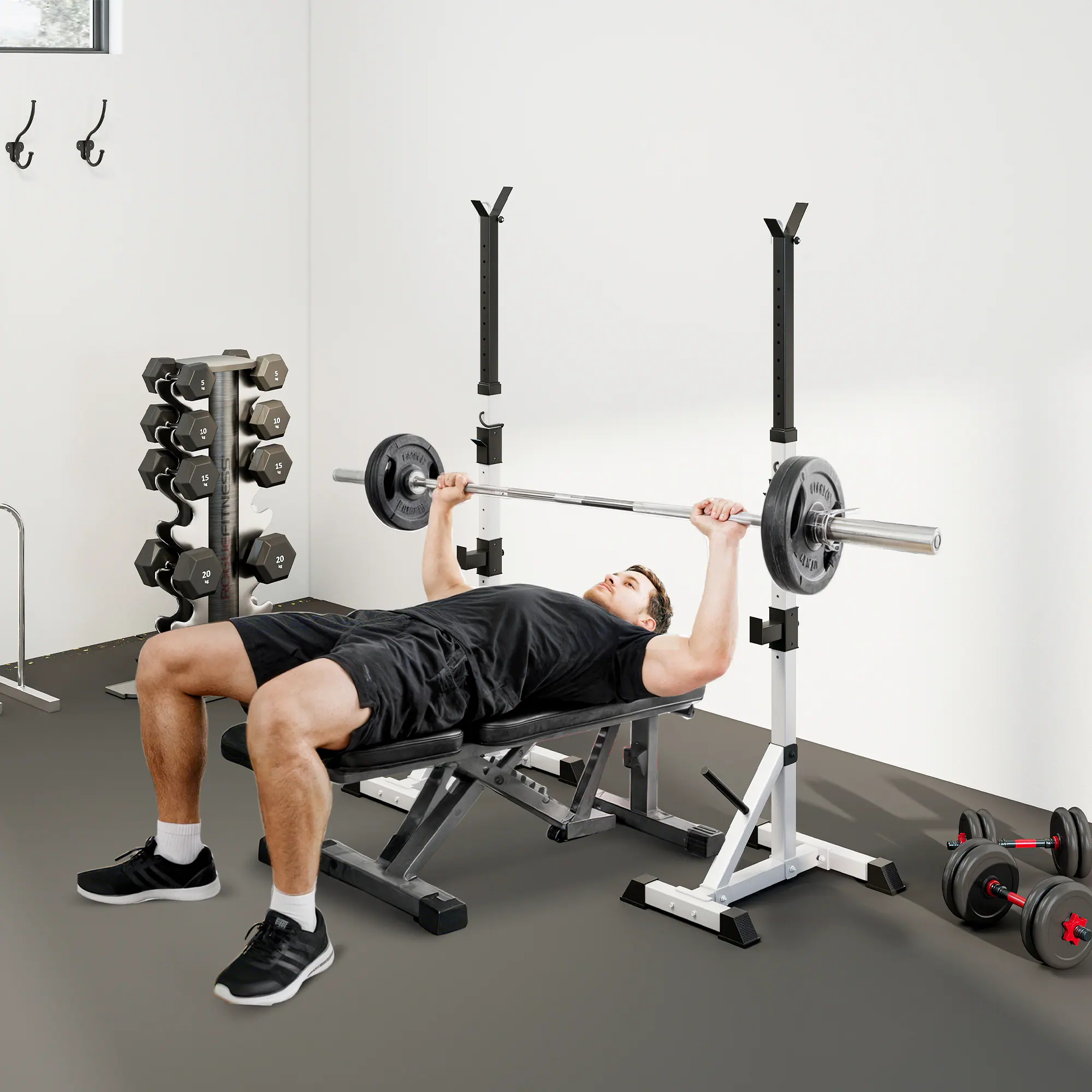 Alt View 8. Soozier - Pair of Adjustable Squat Rack Standard 53.5"-69.25" Barbell Rack Stand 440lbs Capacity - Silver.