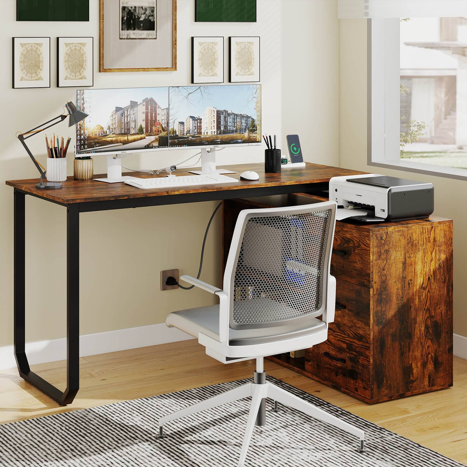 Alt View 1. Costway - Costway L-Shaped Desk with Power Outlet 55" Reversible Computer Desk with 3 Drawers - Rustic Brown,Black.