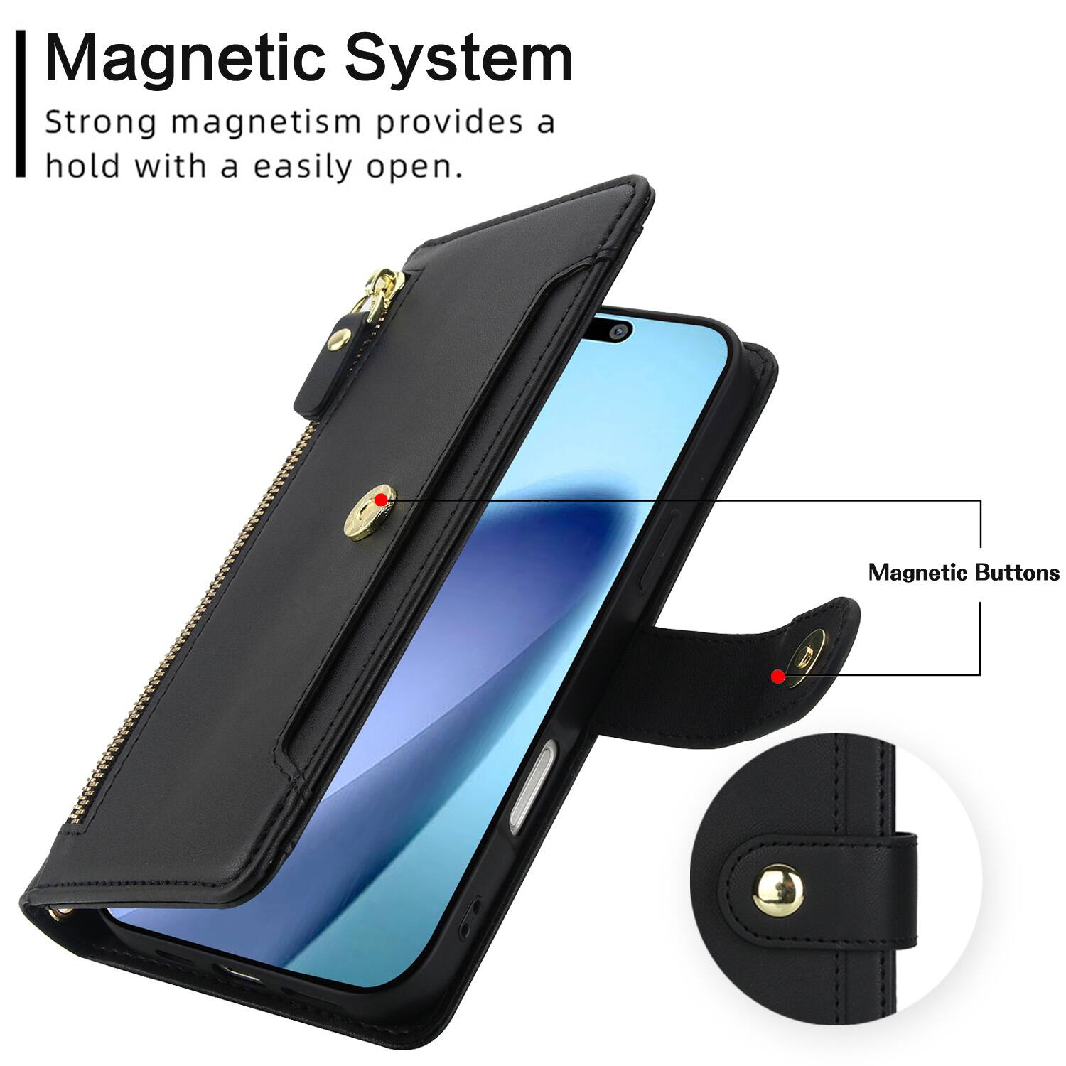 Magnetic System  
Strong magnetism provides a hold with an easily open.  
Magnetic Buttons