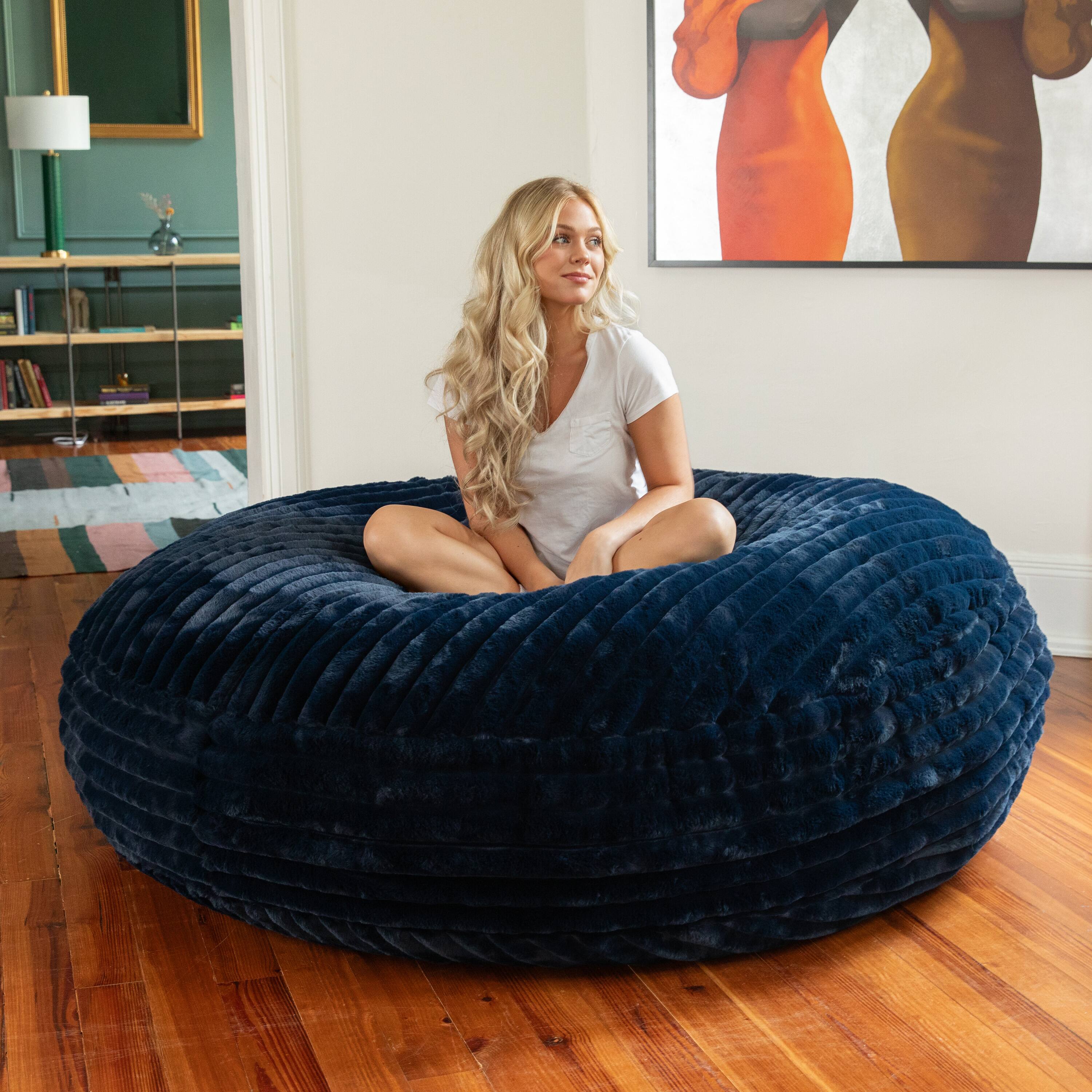 Left. Jaxx - Jaxx 6 Foot Cocoon 2-in-1 Large Bean Bag Chair for Adults, Mondo Midnight Blue - Mondo Midnight Blue Faux Fur.