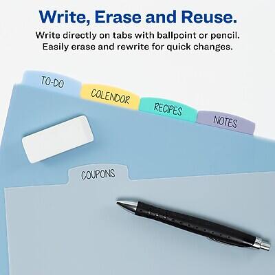Write, Erase and Reuse.  
Write directly on tabs with ballpoint or pencil. Easily erase and rewrite for quick changes.  

TO-DO  
CALENDAR  
RECIPES  
NOTES  
COUPONS