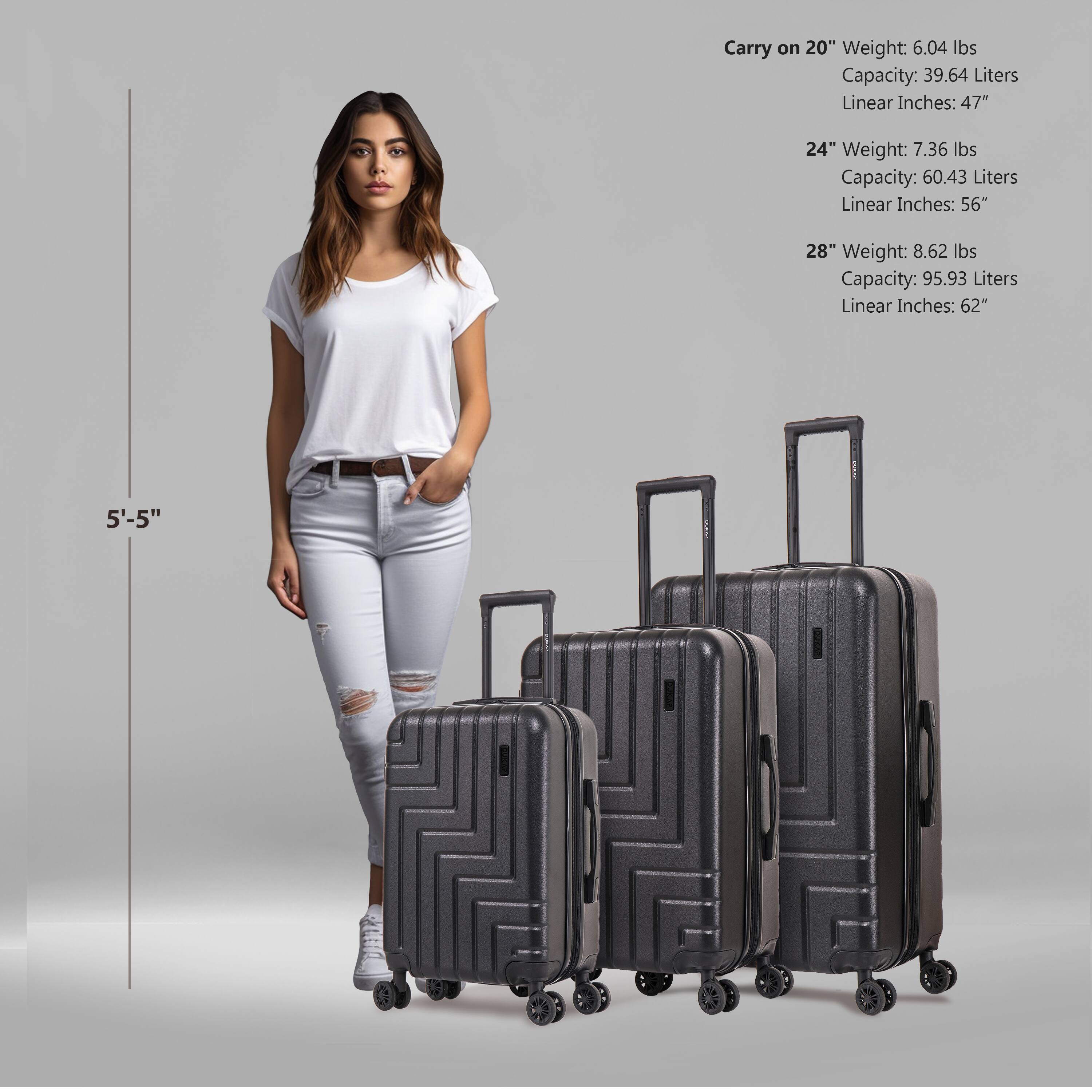 Sure, here is the corrected and grouped text:

- **Carry on 20"**
  - Weight: 6.04 lbs
  - Capacity: 39.64 Liters
  - Linear Inches: 47"

- **24"**
  - Weight: 7.36 lbs
  - Capacity: 60.43 Liters
  - Linear Inches: 56"

- **28"**
  - Weight: 8.62 lbs
  - Capacity: 95.93 Liters
  - Linear Inches: 62"

- **5'-5"**