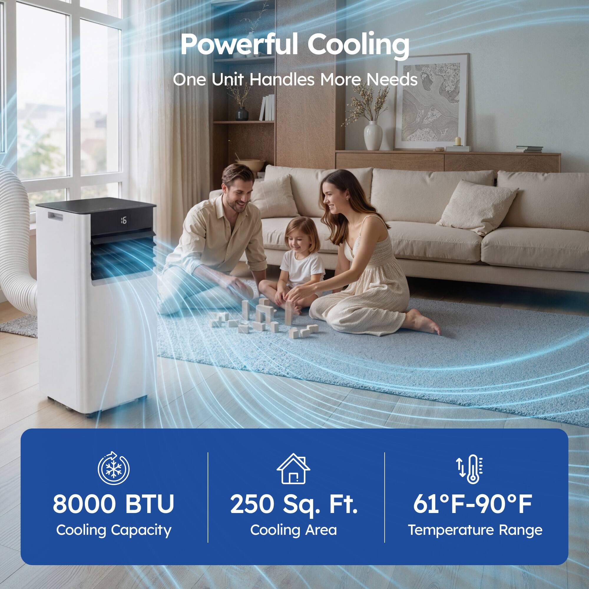 Powerful Cooling  
One Unit Handles More Needs  

8000 BTU Cooling Capacity  
250 Sq. Ft. Cooling Area  
61°F-90°F Temperature Range