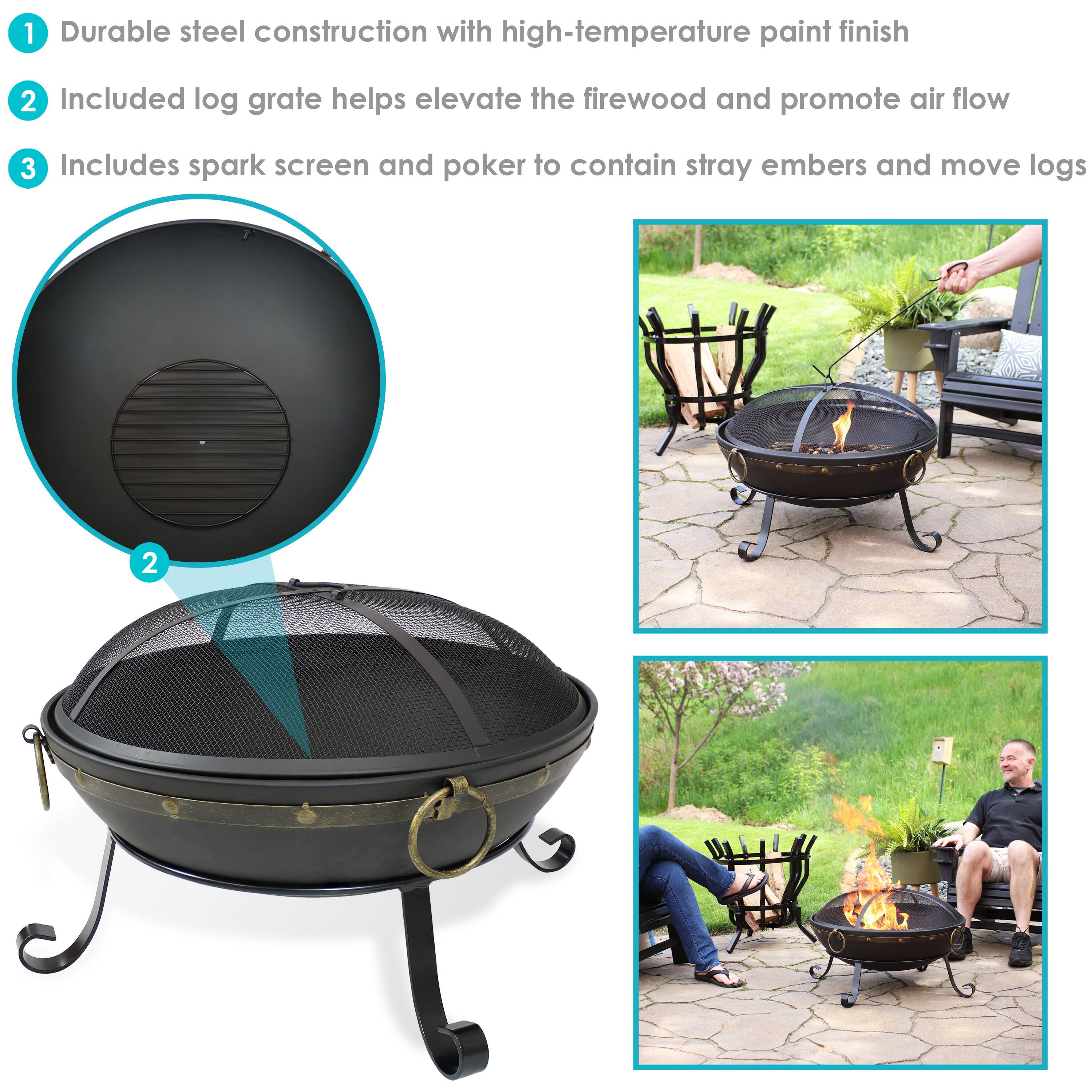 1. Durable steel construction with high-temperature paint finish  
2. Included log grate helps elevate the firewood and promote airflow  
3. Includes spark screen and poker to contain stray embers and move logs