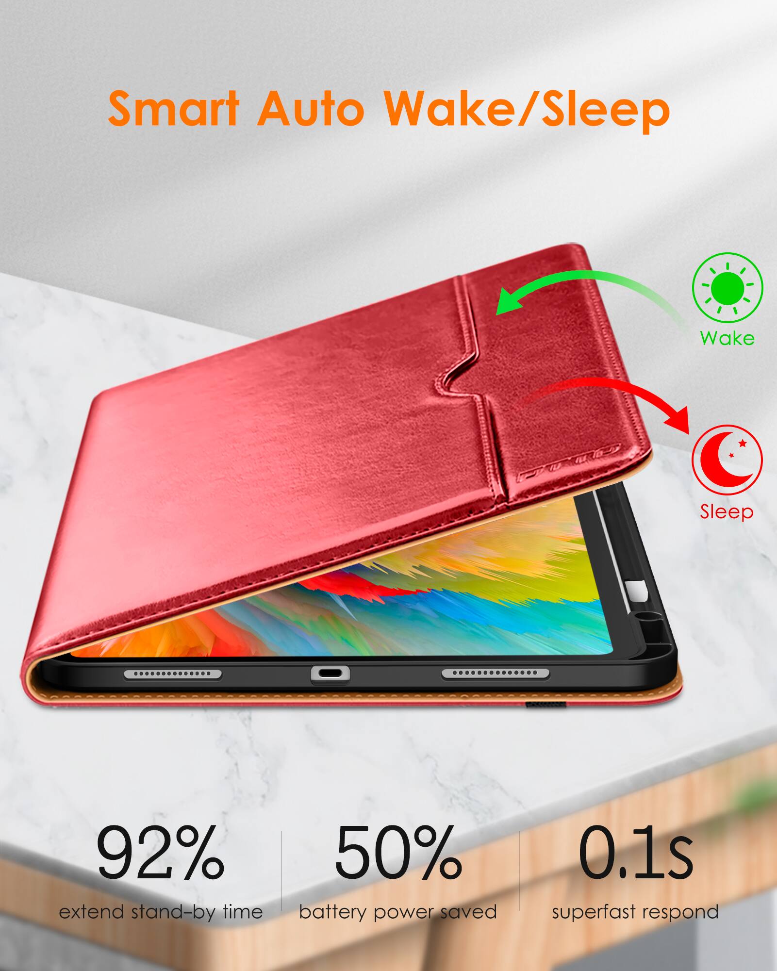 Smart Auto Wake/Sleep

- 92% extend stand-by time
- 50% battery power saved
- 0.1s superfast respond

Wake
Sleep