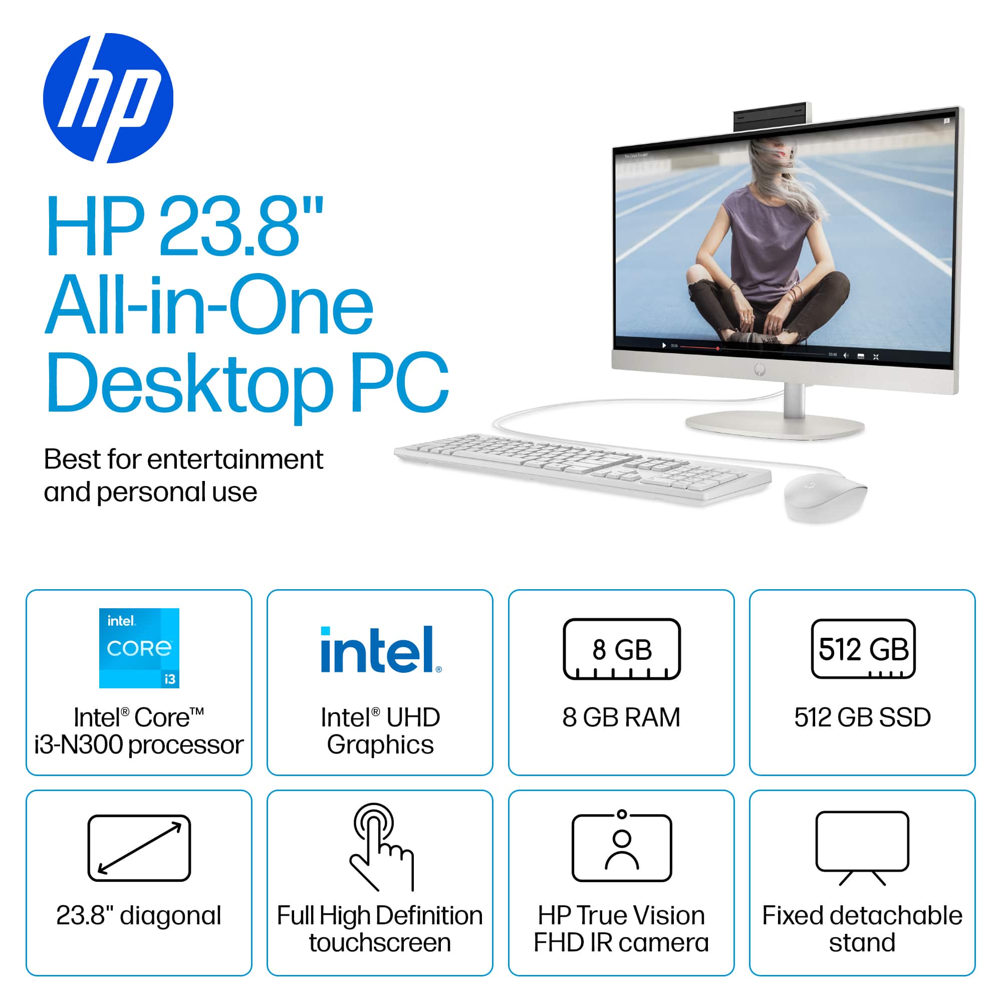 The text on the image is already grouped and correctly written. It reads: "hp HP 23.8" All-in-One Desktop PC Best for entertainment and personal use ntel CORE 3 TM Intel Core i3-N300 processor intel. Intel UHD Graphics 8 GB 8 GB RAM 512 GB 512 GB SSD 23.8" diagonal Full High Definition touchscreen HP True Vision FHD IR camera Fixed detachable stand."