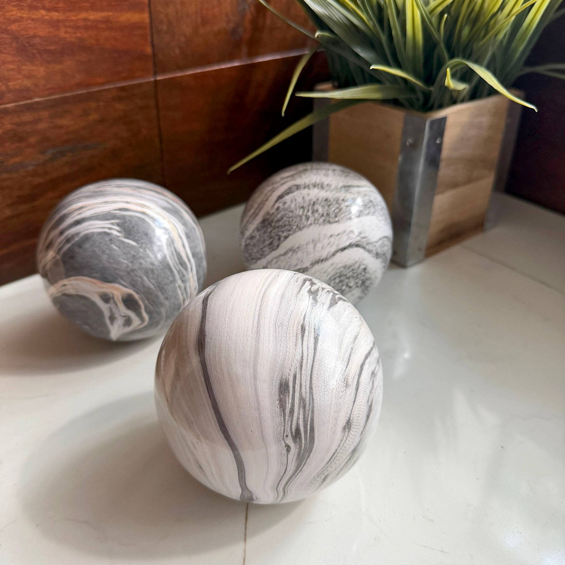 Alt View 4. Things2Die4 - Decorative Orb Set of 3 Grey Marbled Ceramic Spheres 4 in Tabletop Decor - Grey.