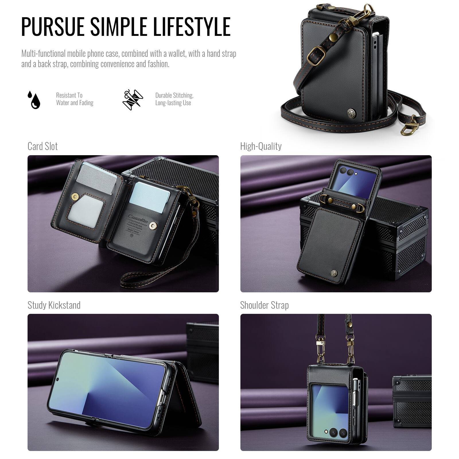 PURSUE SIMPLE LIFESTYLE

Multi-functional mobile phone case, combined with a wallet, with a hand strap and a back strap, combining convenience and fashion.

- Resistant to Water and Fading
- Durable Stitching, Long-lasting Use
- High-Quality
- Card Slot
- Study Kickstand
- Shoulder Strap