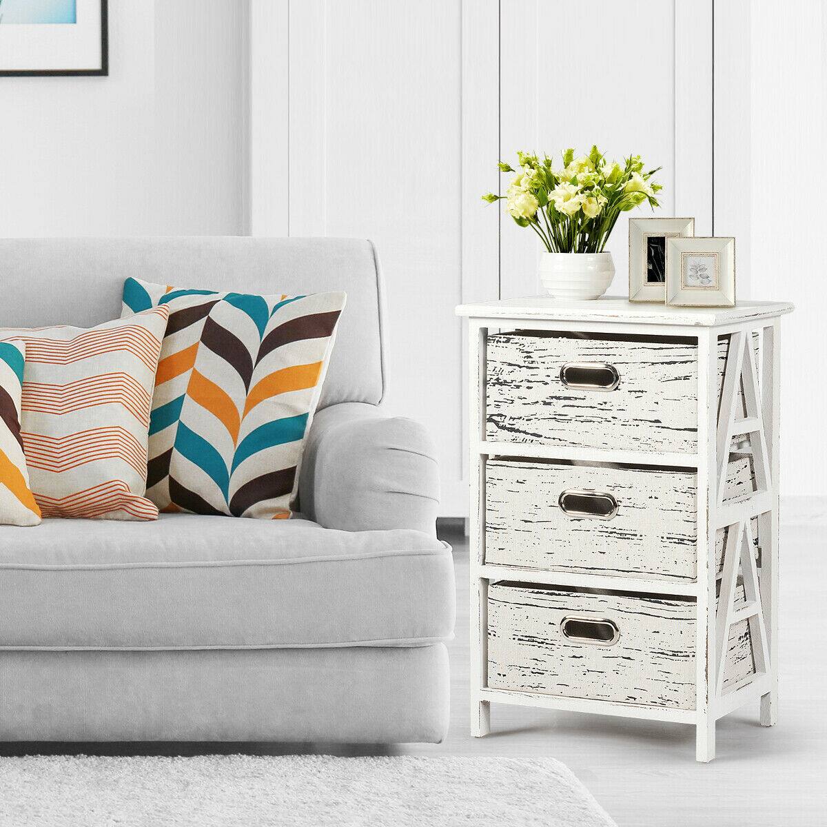 Alt View 3. Gymax - Gymax Chest w/3 Fabric Drawers Vintage Wood Frame End Table Side Sofa Table Nightstand - as pic.