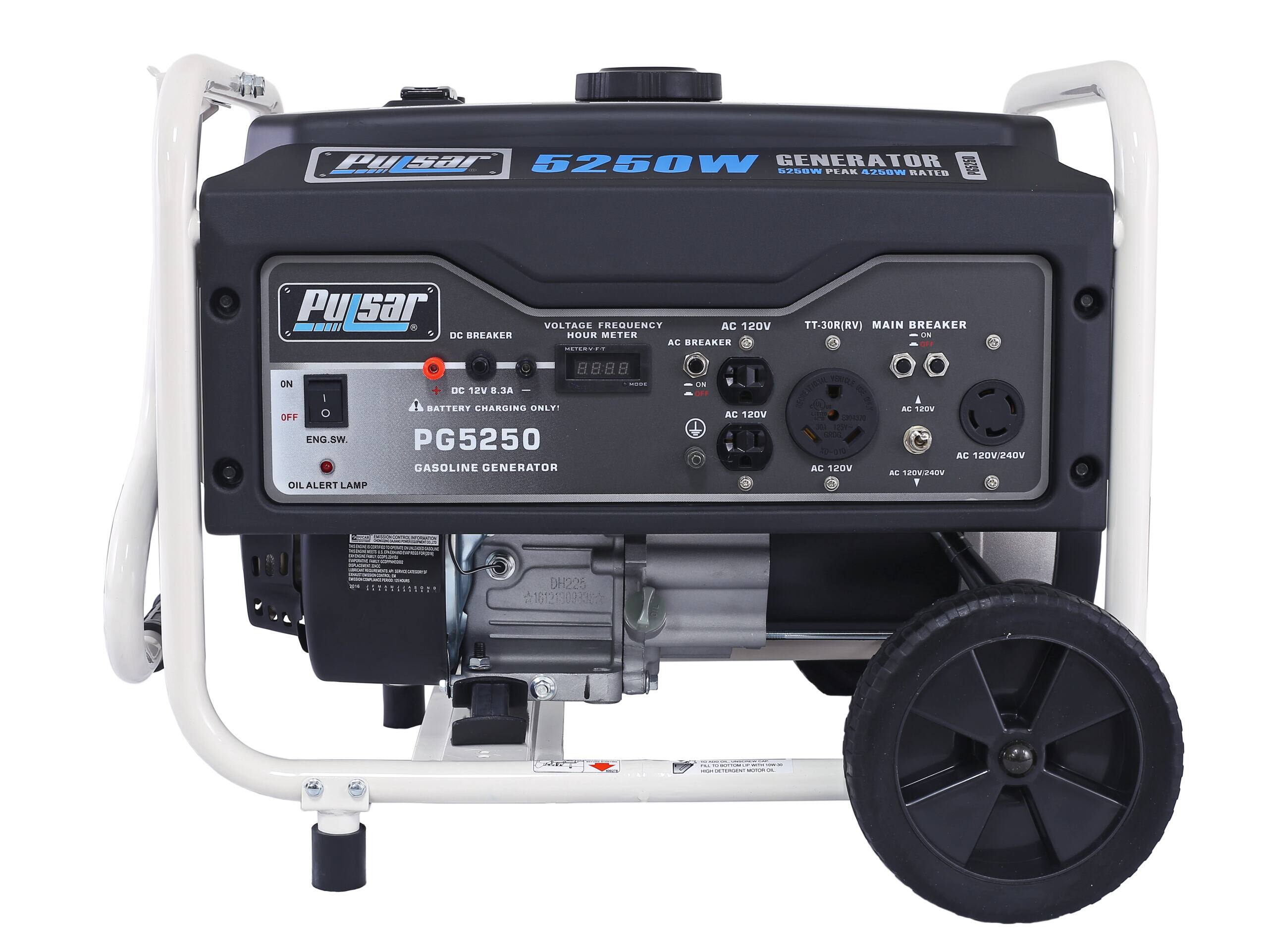 Pulsar 5250W Generator  
5250W Peak  
Voltage Frequency: AC 120V  
TT-30R (RV) Main Breaker  
DC Breaker: DC 12V 8.3A  
Hour Meter  
AC Breaker: AC 120V  
Battery Charging Only  
Oil Alert Lamp  
PG5250  
Gasoline Generator  
AC 120V/240V  
DH225  
16121300330