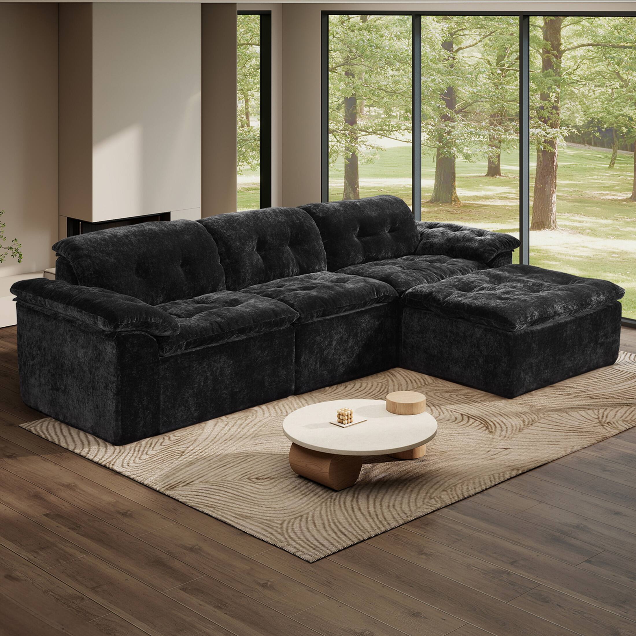Front. Anysun - Anysun L-Shaped Modular Chenille Cushioned Extreme Comfort Sofa with Detachable Backrest and Armrests, Removable Ottoman - Black.