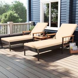 Mondawe - Patio Rattan Chaise Lounge w Side Table & 4-Level Backrest 400 lbs Acacia Wood - Beige