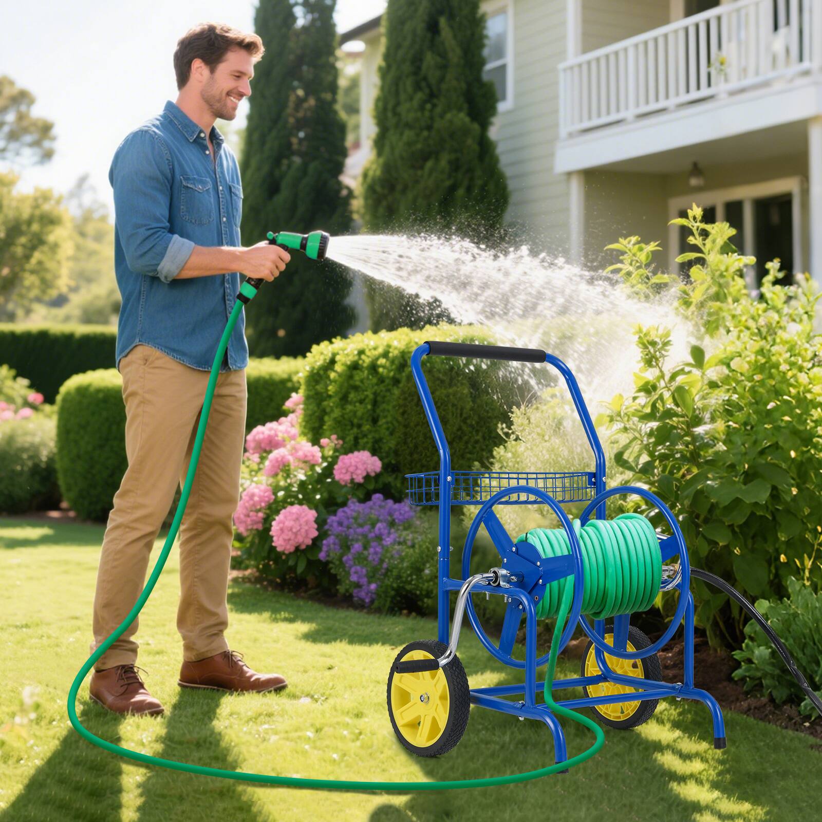 Gymax - Garden Hose Reel Cart 230 FT of 5/8'' Large Capacity w/ 2 Wheels Storage Basket - Blue - Thumbnail 3