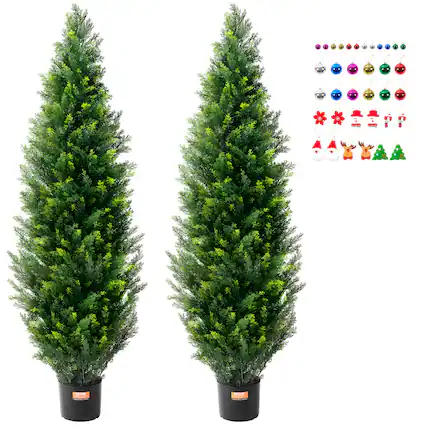 Front. VEVOR - Artificial Cedar Topiary Tree, 60 inch Tall (2 Pieces), with Extra Leaves & Pot Faux Fake Pine Cypress Trees Plant - PE Fresh Green Two-Tone.