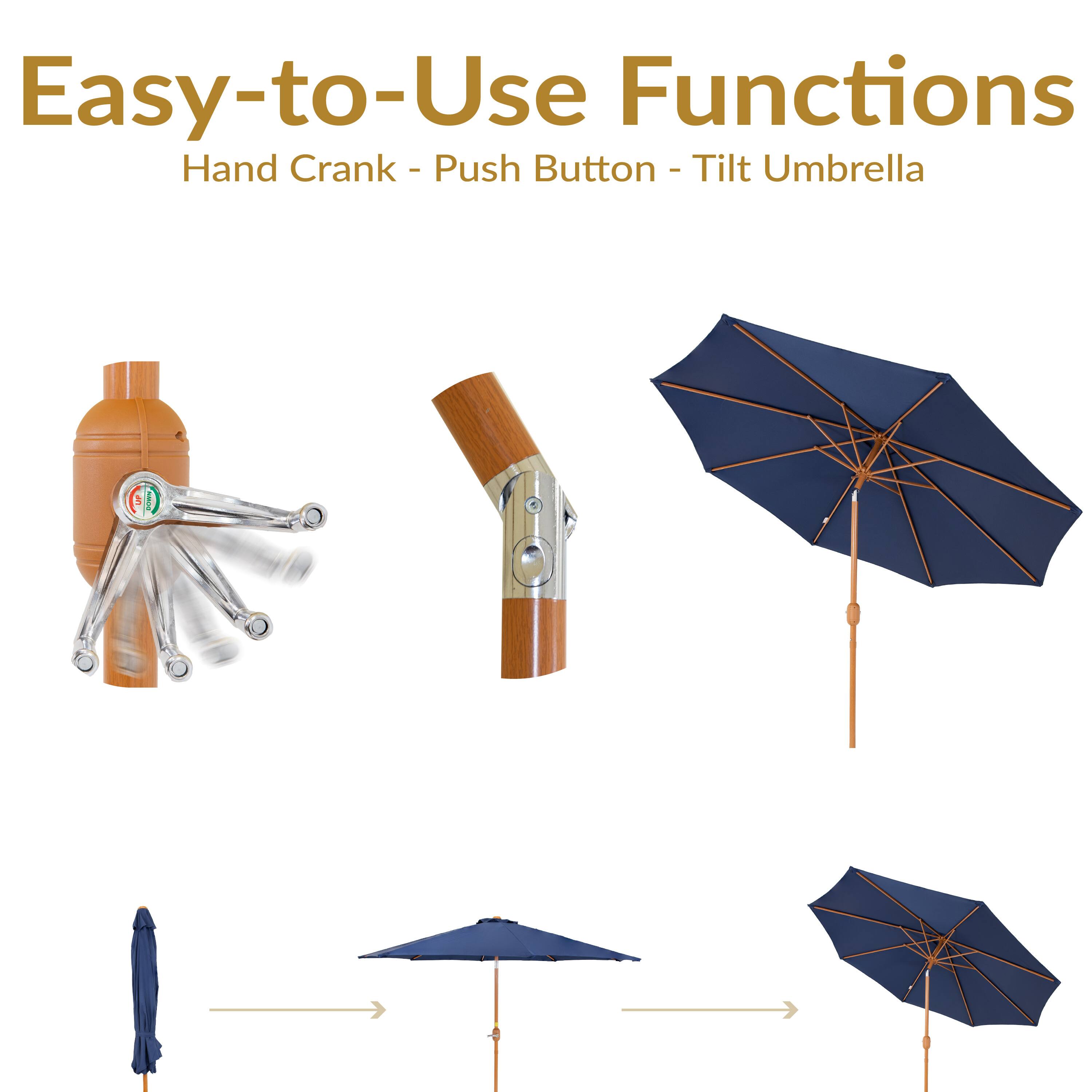 Easy-to-Use Functions  
Hand Crank - Push Button - Tilt Umbrella