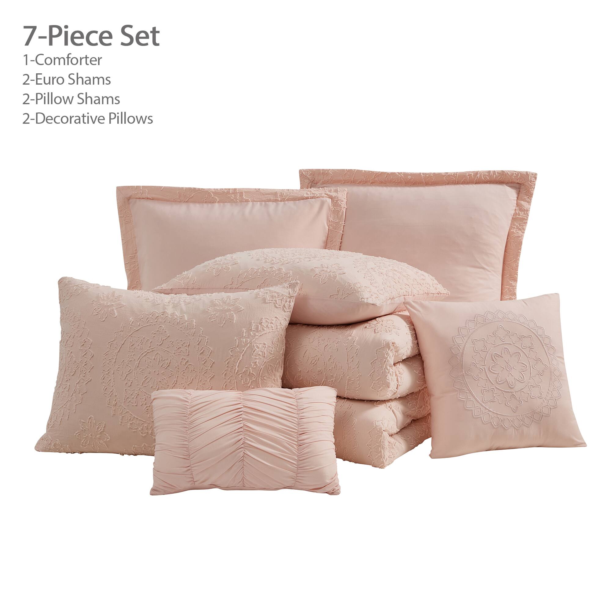7-Piece Set  
1-Comforter  
2-Euro Shams  
2-Pillow Shams  
2-Decorative Pillows