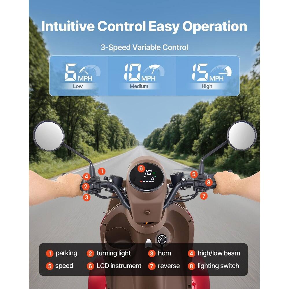 Intuitive Control Easy Operation  
3-Speed Variable Control  
5 MPH Low  
10 MPH Medium  
15 MPH High  

1 parking  
2 turning light  
3 horn  
4 high/low beam  
5 speed  
6 LCD instrument  
7 reverse  
8 lighting switch