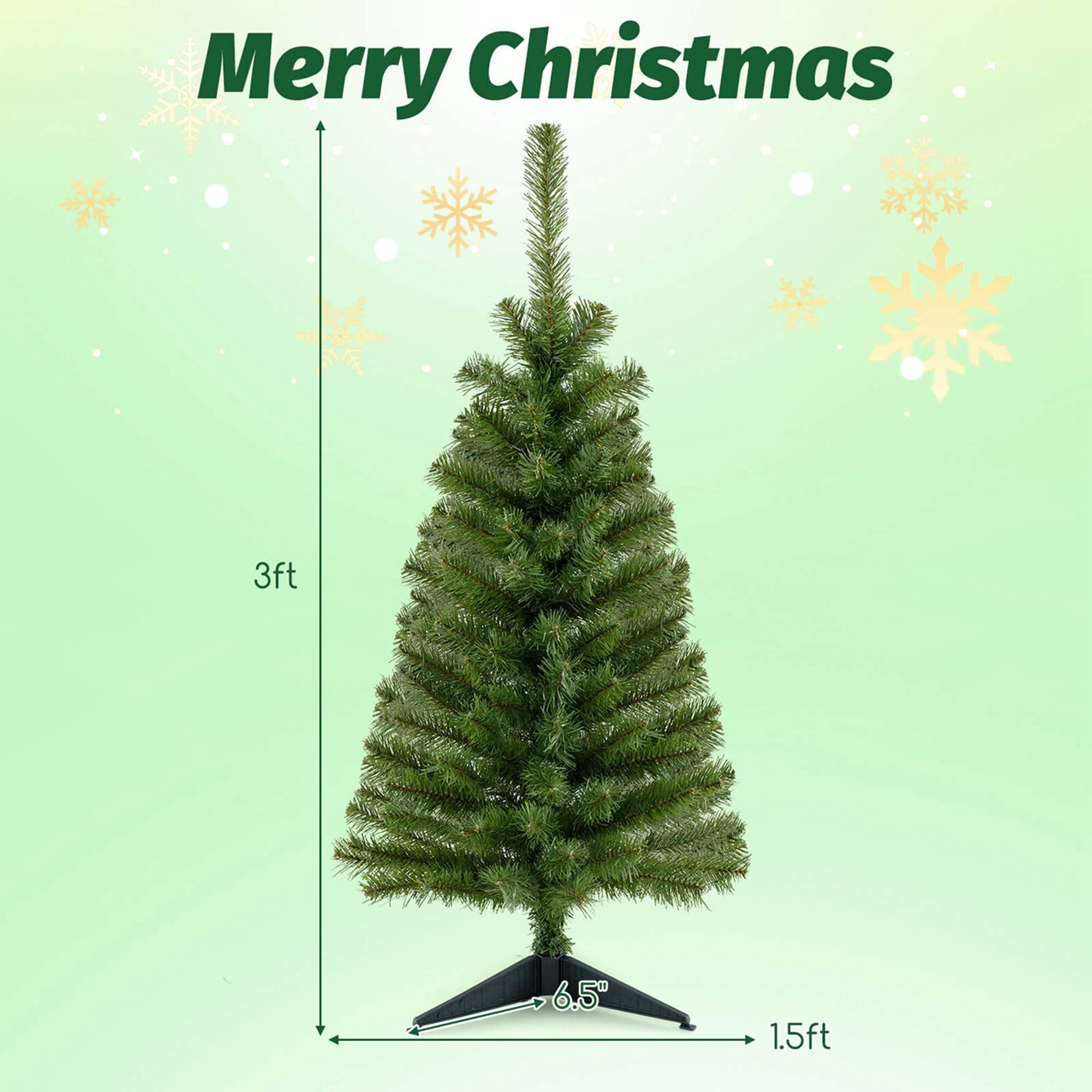Merry Christmas! This image features a 3-foot tall Christmas tree, which is approximately 6.5 inches in diameter at its base. The tree is displayed on a stand that is 1.5 feet tall.