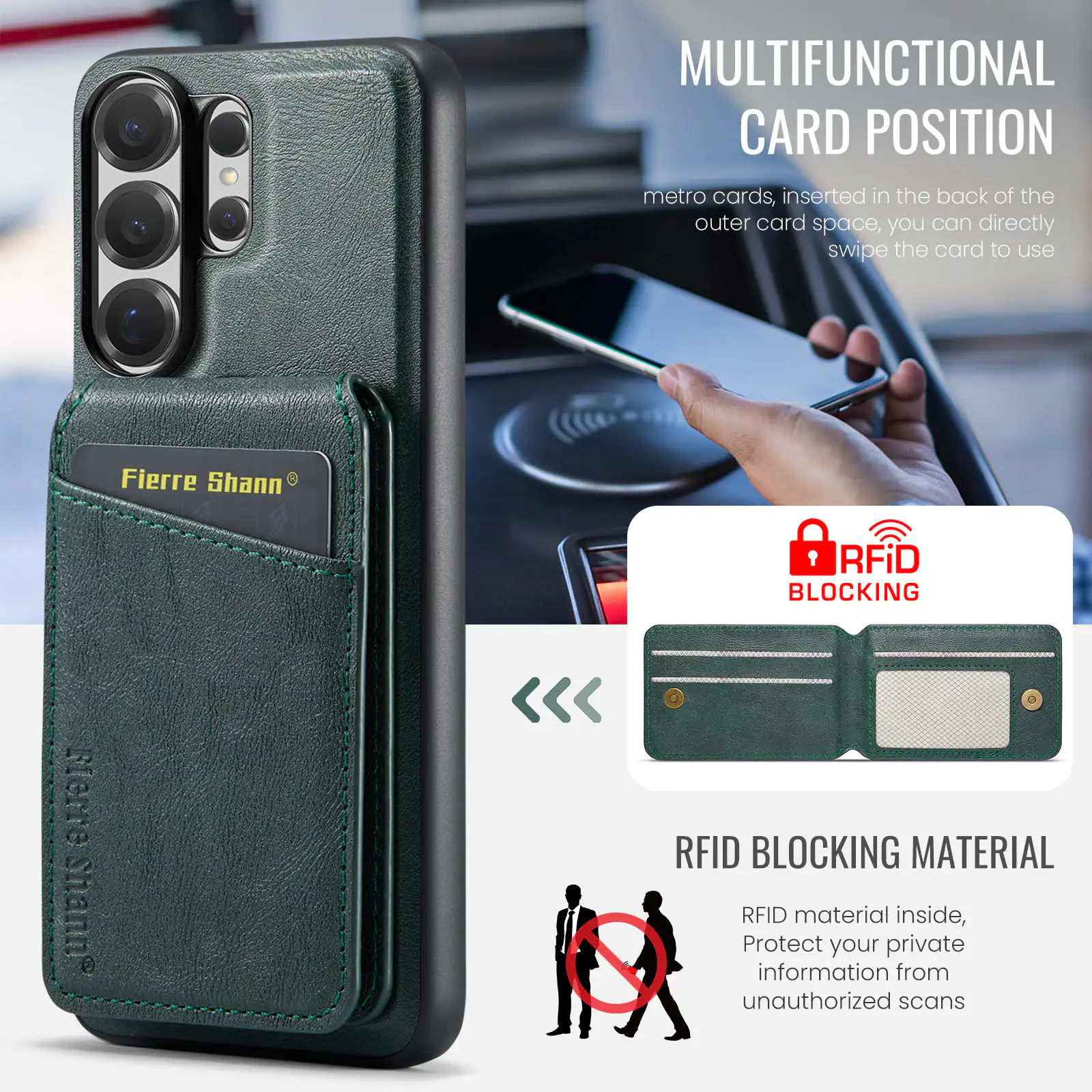 MULTIFUNCTIONAL CARD POSITION  
metro cards, inserted in the back of the outer card space, you can directly swipe the card to use  

Fierre Shann®  

RFID BLOCKING  
RFID BLOCKING MATERIAL  
RFID material inside, Protect your private information from unauthorized scans