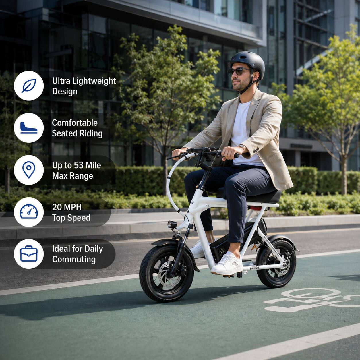 Ultra Lightweight Design  
Comfortable Seated Riding  
Up to 53 Mile Max Range  
20 MPH Top Speed  
Ideal for Daily Commuting