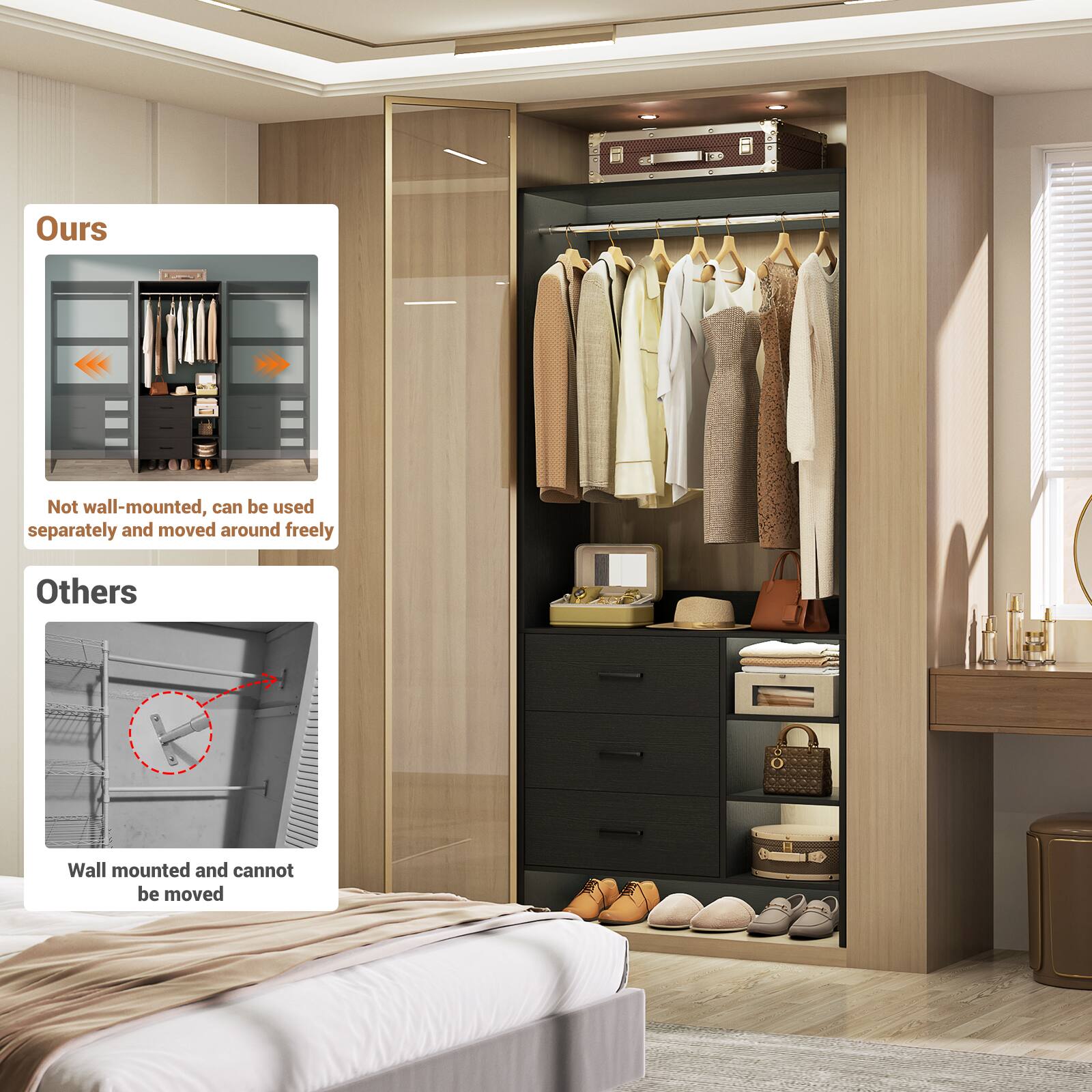 Ours  
Not wall-mounted, can be used separately and moved around freely  

Others  
Wall mounted and cannot be moved